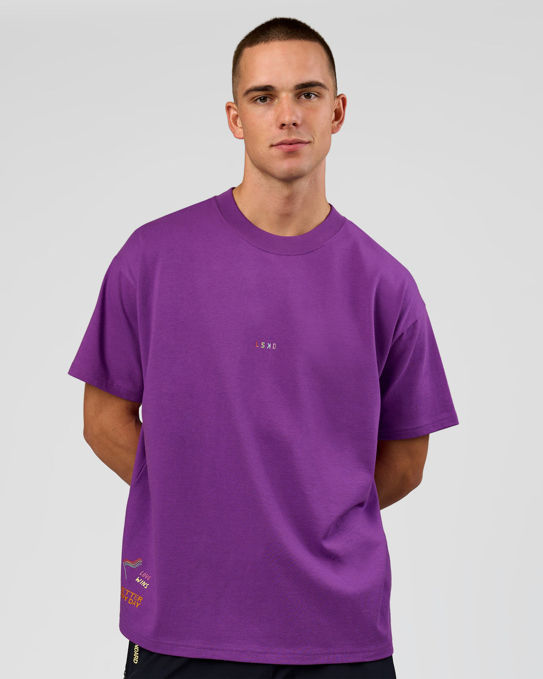 Man wearing Pride Sticker Boxy Tee - Fresh Purple | Model:Albert | Size:M - view 18