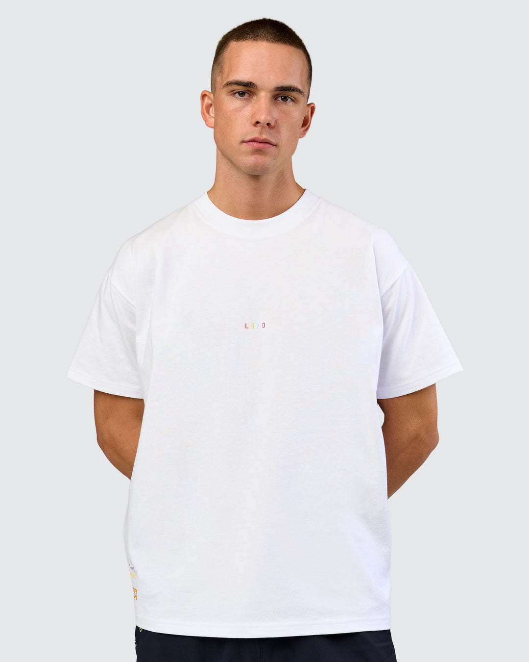 Man wearing Pride Sticker Boxy Tee - White | Model:Albert | Size:M - view 4