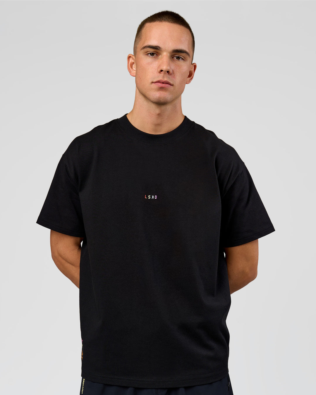 Man wearing Pride Sticker Boxy Tee - Black | Model:Albert | Size:M - view 11