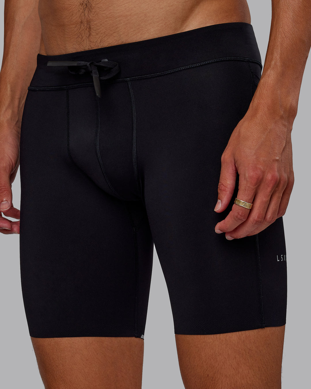 Man wearing Race Day Short Tight 8" in Black | Model:Jaxon | Size:M - view 2