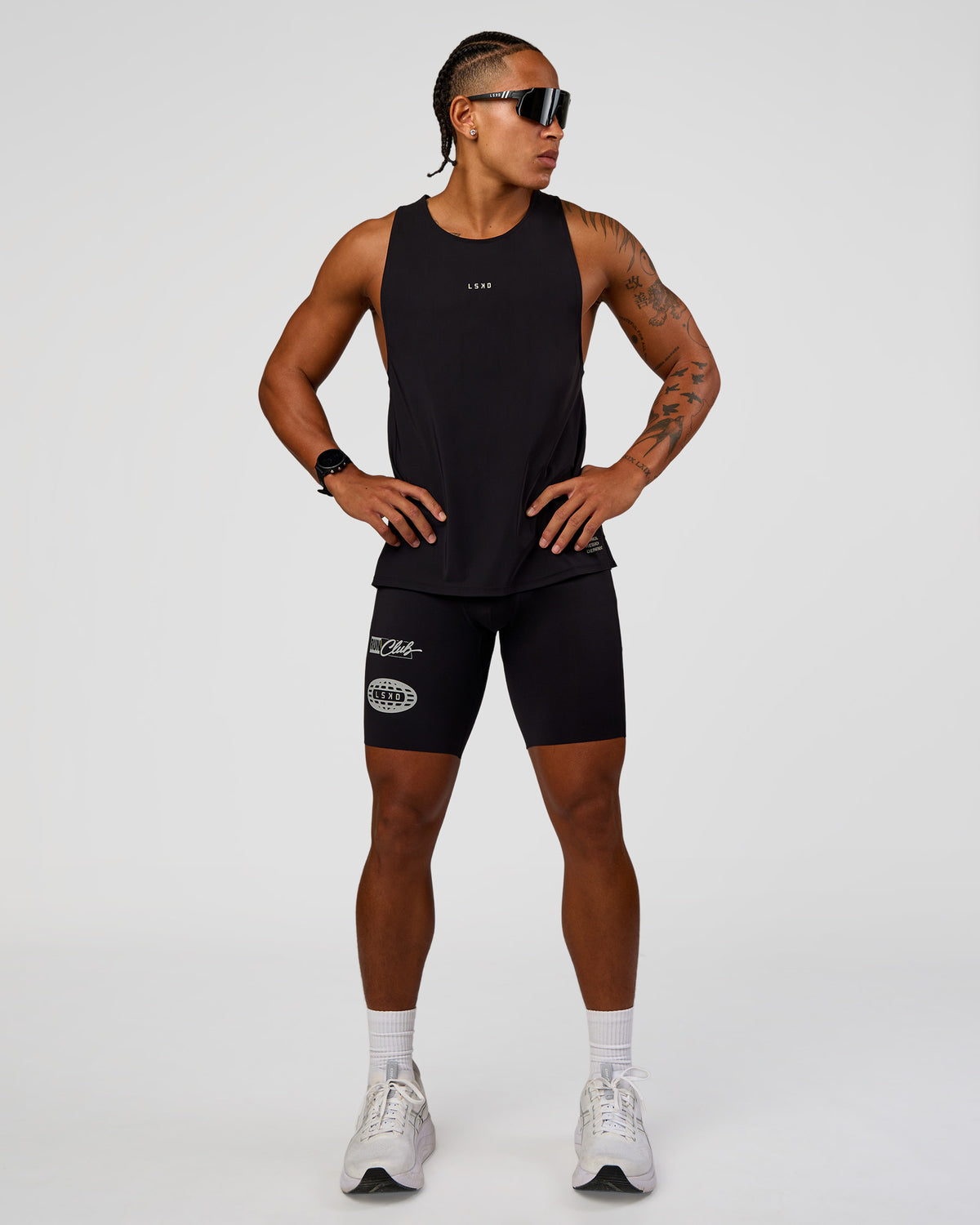Man wearing Race Day 8" Short Tight - Black-Alloy | Model:Malebo | Size:M