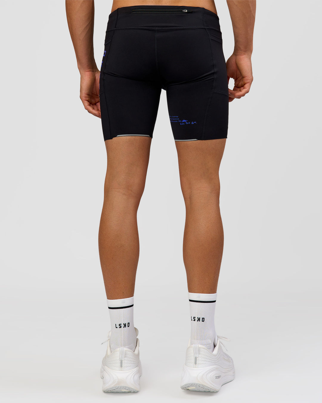 Man wearing Race Day 8" Short Tight - Black-Electric Indigo | Model:Albert | Size:M | - view 8