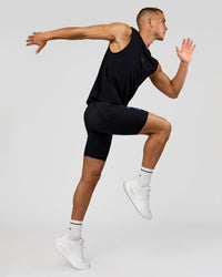Man wearing Race Day 8" Short Tight - Black-Electric Indigo | Model:Albert | Size:M | | Thumbnail Index: 1