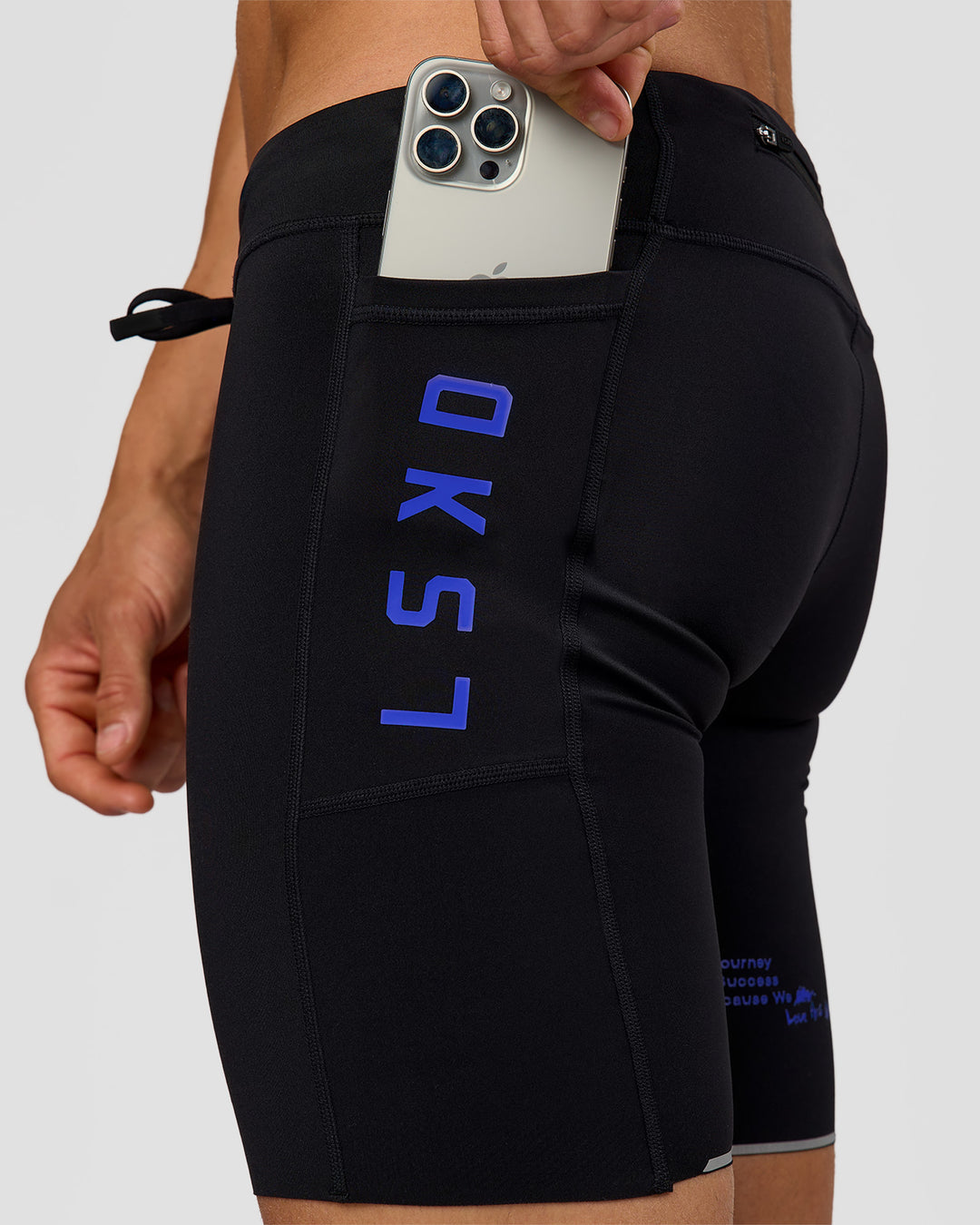 Man wearing Race Day 8" Short Tight - Black-Electric Indigo | Model:Albert | Size:M | - view 4