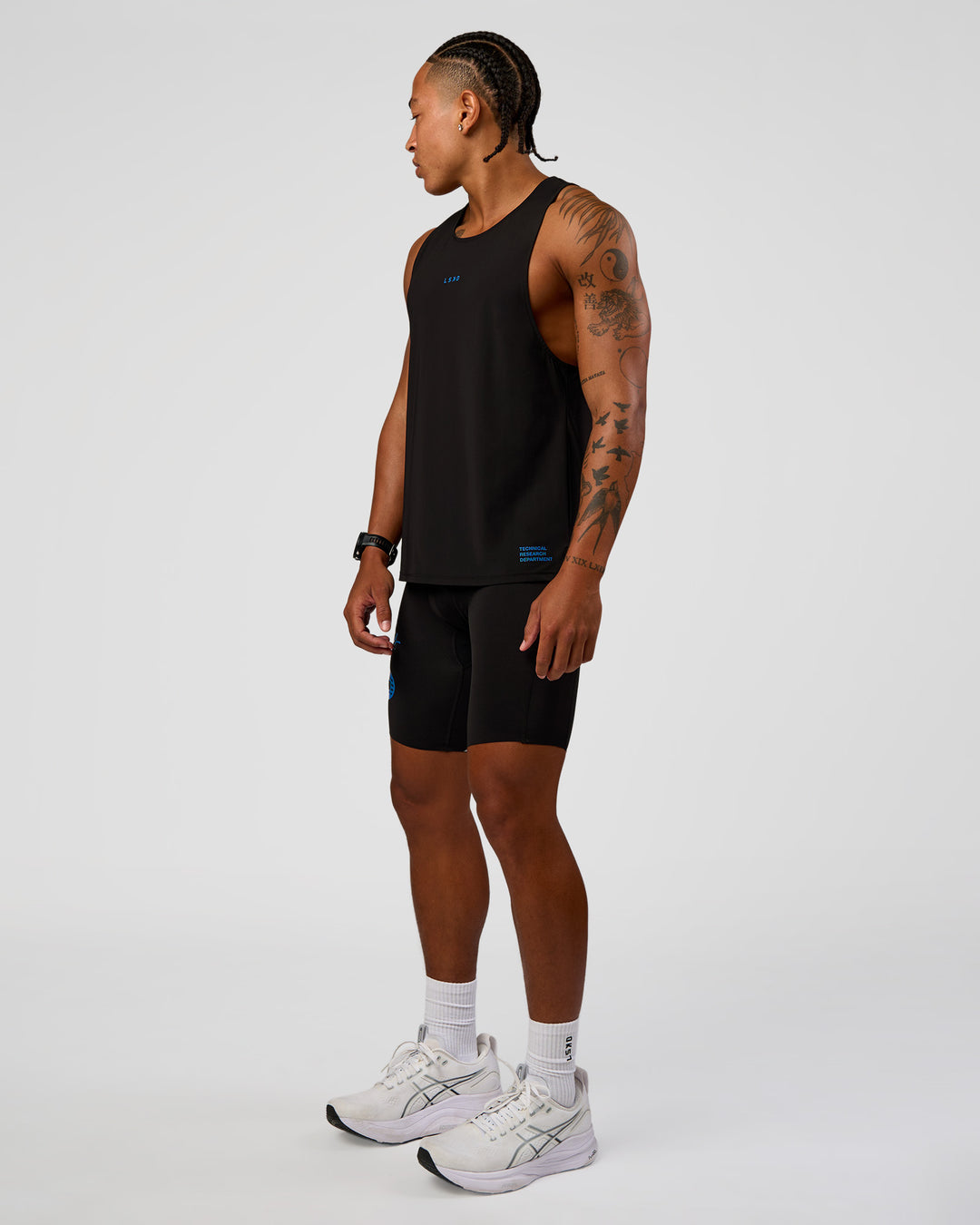 Man wearing Race Day 8" Short Tight - Black-Palace Blue | Model:Malebo | Size:M - view 9