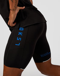 Man wearing Race Day 8" Short Tight - Black-Palace Blue | Model:Malebo | Size:M | Thumbnail Index: 13