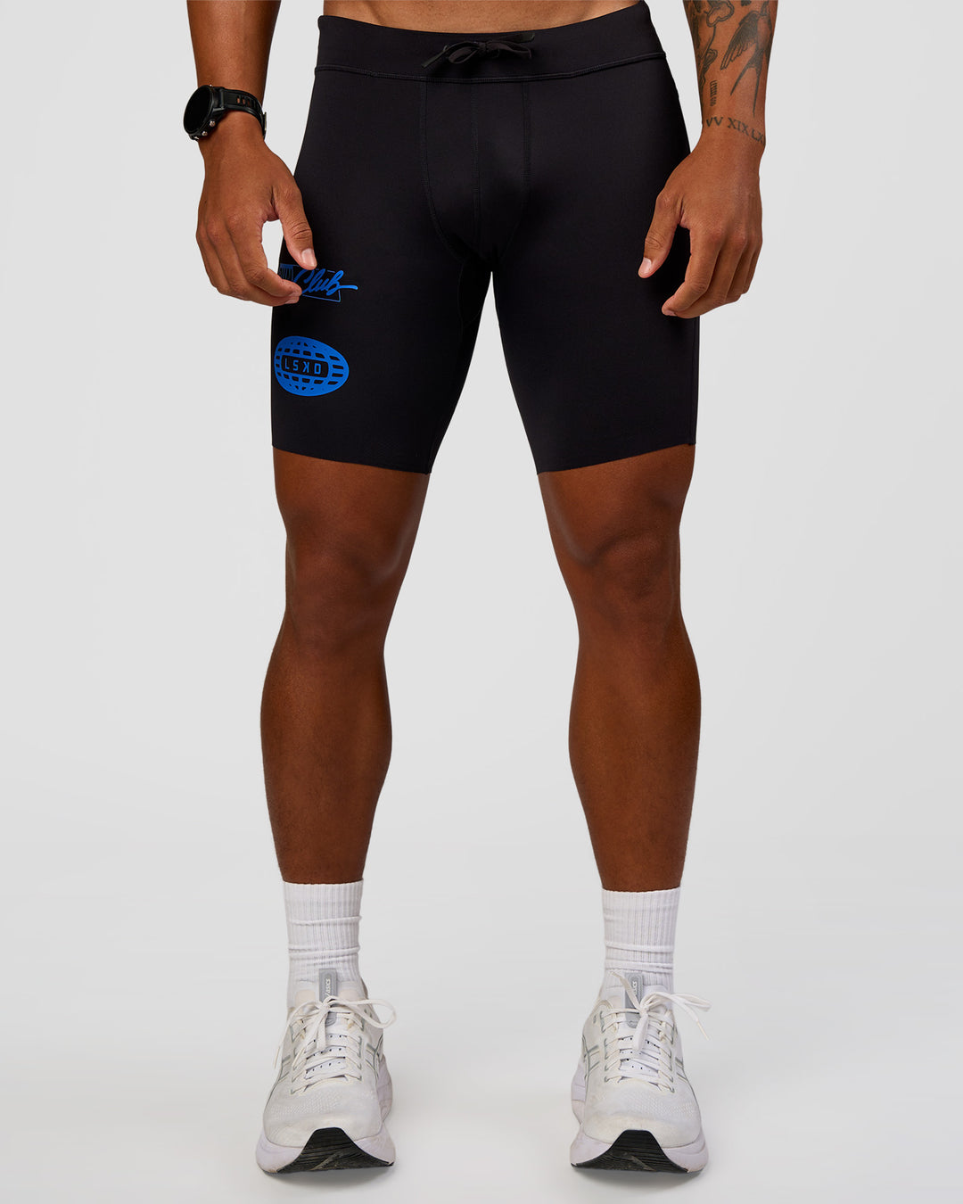 Man wearing Race Day 8" Short Tight - Black-Palace Blue | Model:Malebo | Size:M - view 5