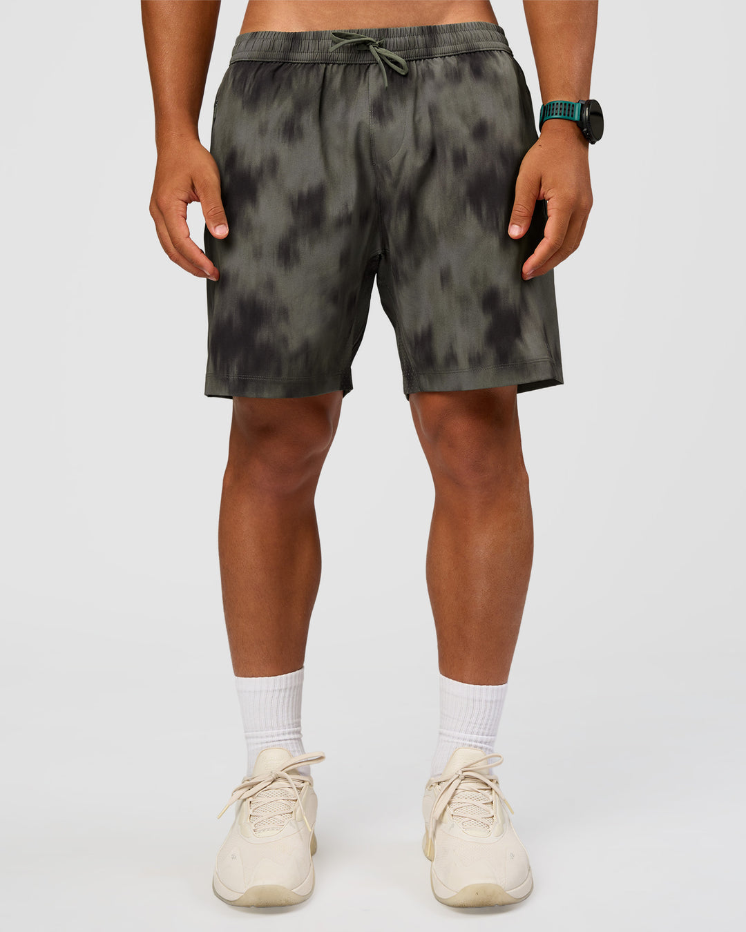Man wearing Rep 7" Performance Short - Camo Washed Walnut Grey | Model:George | Size:M - view 3