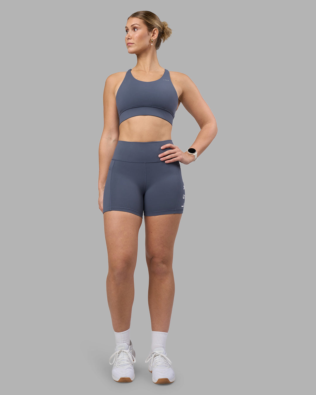 Woman wearing Rep Ultra High-Rise 4" Short Pockets - Night Shadow-White | Model:Amy | Size:M - view 5