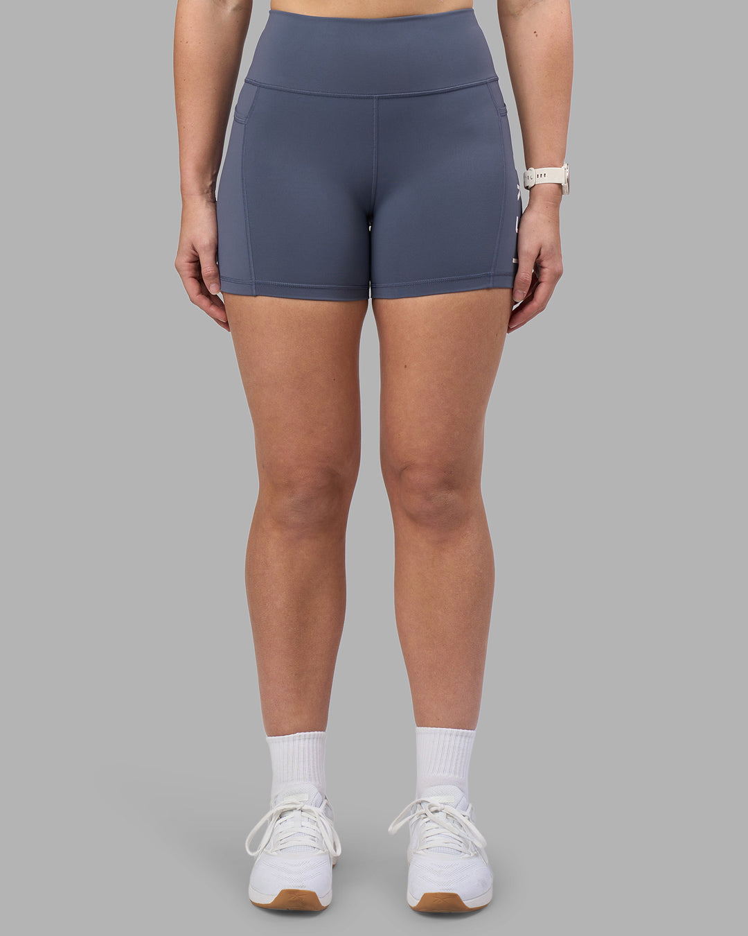 Woman wearing Rep Ultra High-Rise 4" Short Pockets - Night Shadow-White | Model:Amy | Size:M - view 3
