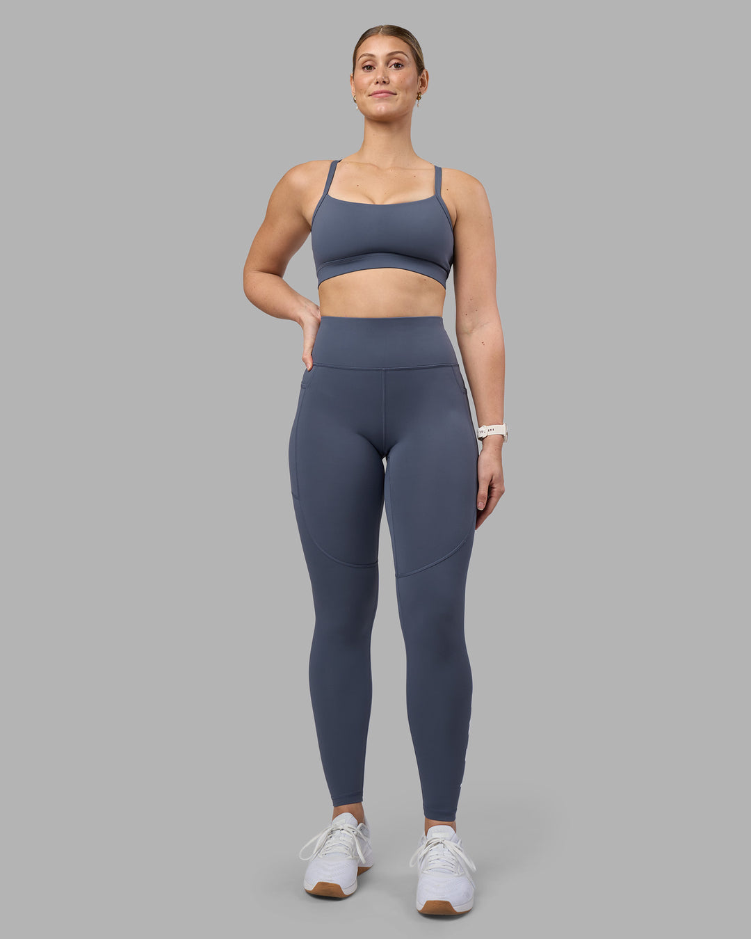 Woman wearing Rep Ultra High-Rise Full Length Legging Pockets - Night Shadow-White | Model:Amy | Size:M - view 5