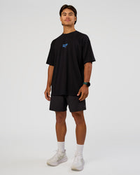 Man wearing Run Club Script FLXCotton Oversized Tee - Black-Palace Blue | Model:George | Size:M | Thumbnail Index: 6