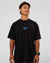 Man wearing Run Club Script FLXCotton Oversized Tee - Black-Palace Blue | Model:George | Size:M | Thumbnail Index: 1