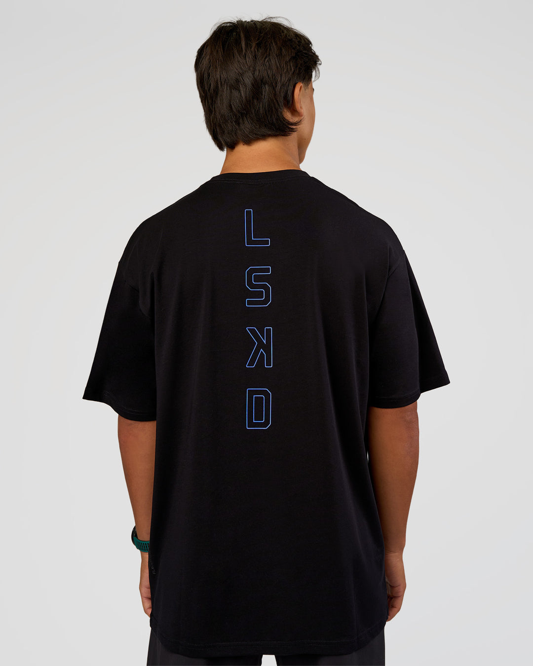Man wearing Run Club Script FLXCotton Oversized Tee - Black-Palace Blue | Model:George | Size:M - view 12