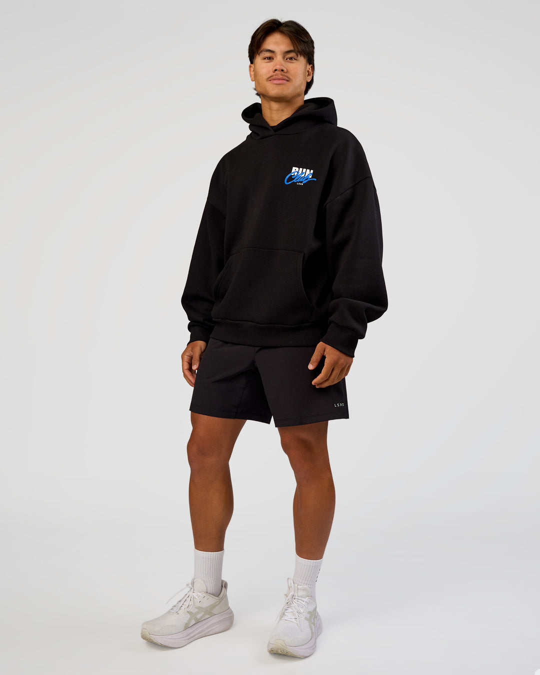 Man wearing Run Club Script Oversized Hoodie - Black-Palace Blue | Model:George | Size:M - view 7