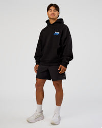 Man wearing Run Club Script Oversized Hoodie - Black-Palace Blue | Model:George | Size:M | Thumbnail Index: 6