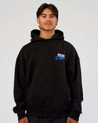 Man wearing Run Club Script Oversized Hoodie - Black-Palace Blue | Model:George | Size:M | Thumbnail Index: 2