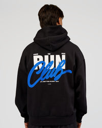 Man wearing Run Club Script Oversized Hoodie - Black-Palace Blue | Model:George | Size:M | Thumbnail Index: 10