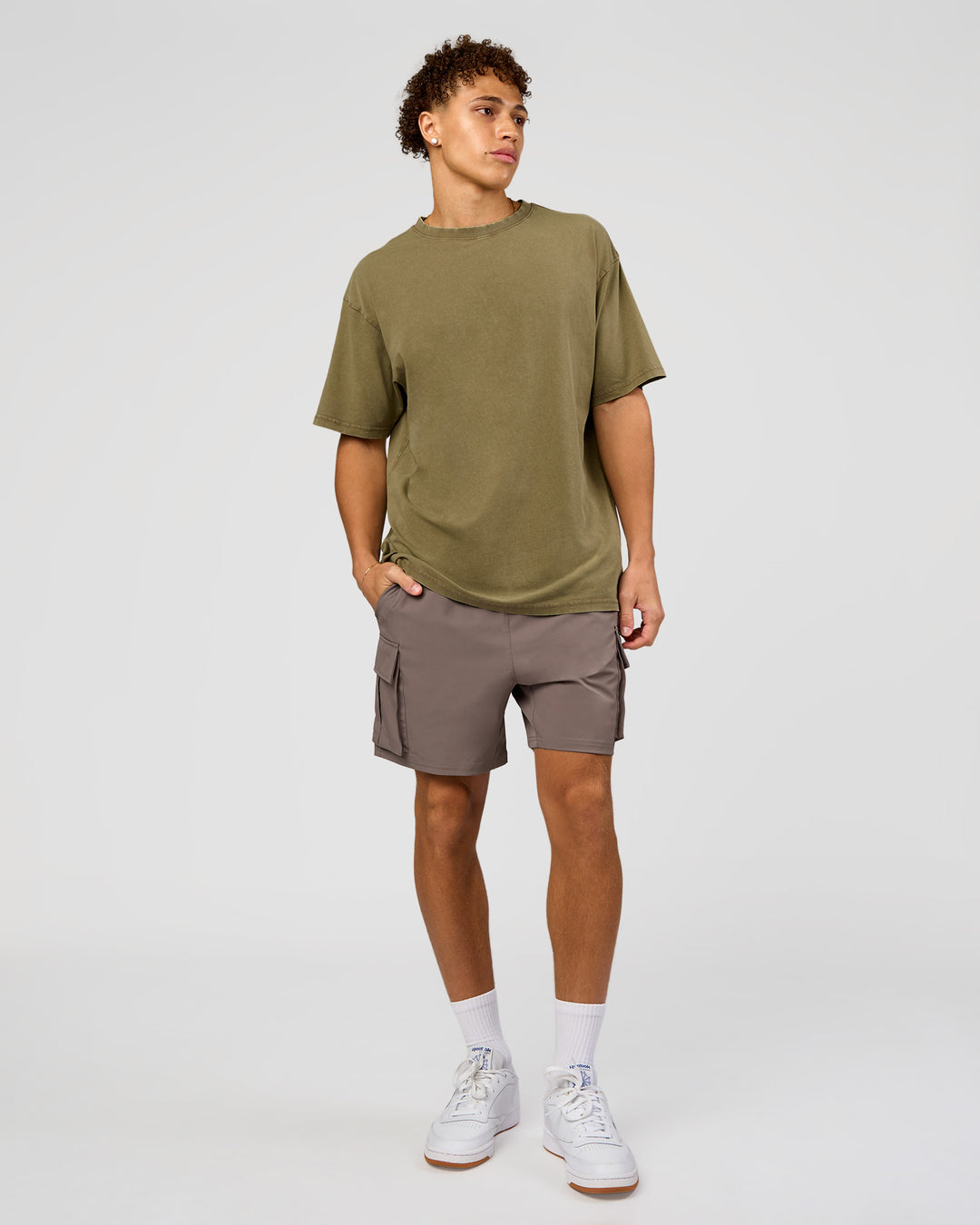 Man wearing Shadow Mode FLXCotton Oversized Tee - Walnut Grey Washed | Model:Leandro | Size:M - view 6