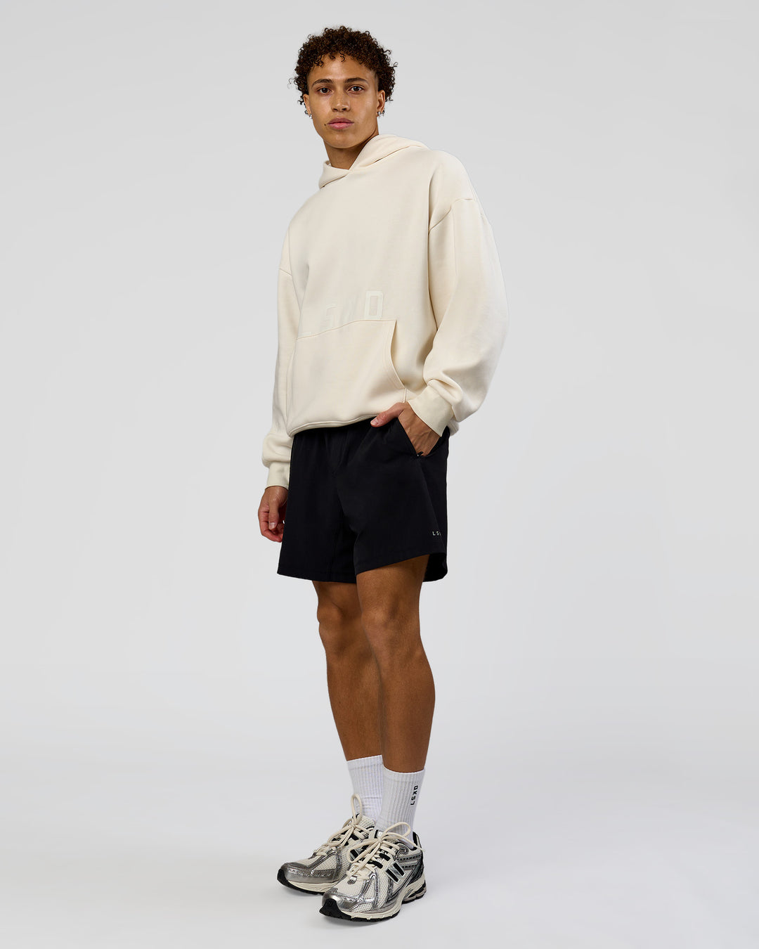 Man wearing Shadow Mode Oversized Hoodie - Off White | Model:Leandro | Size:M - view 13