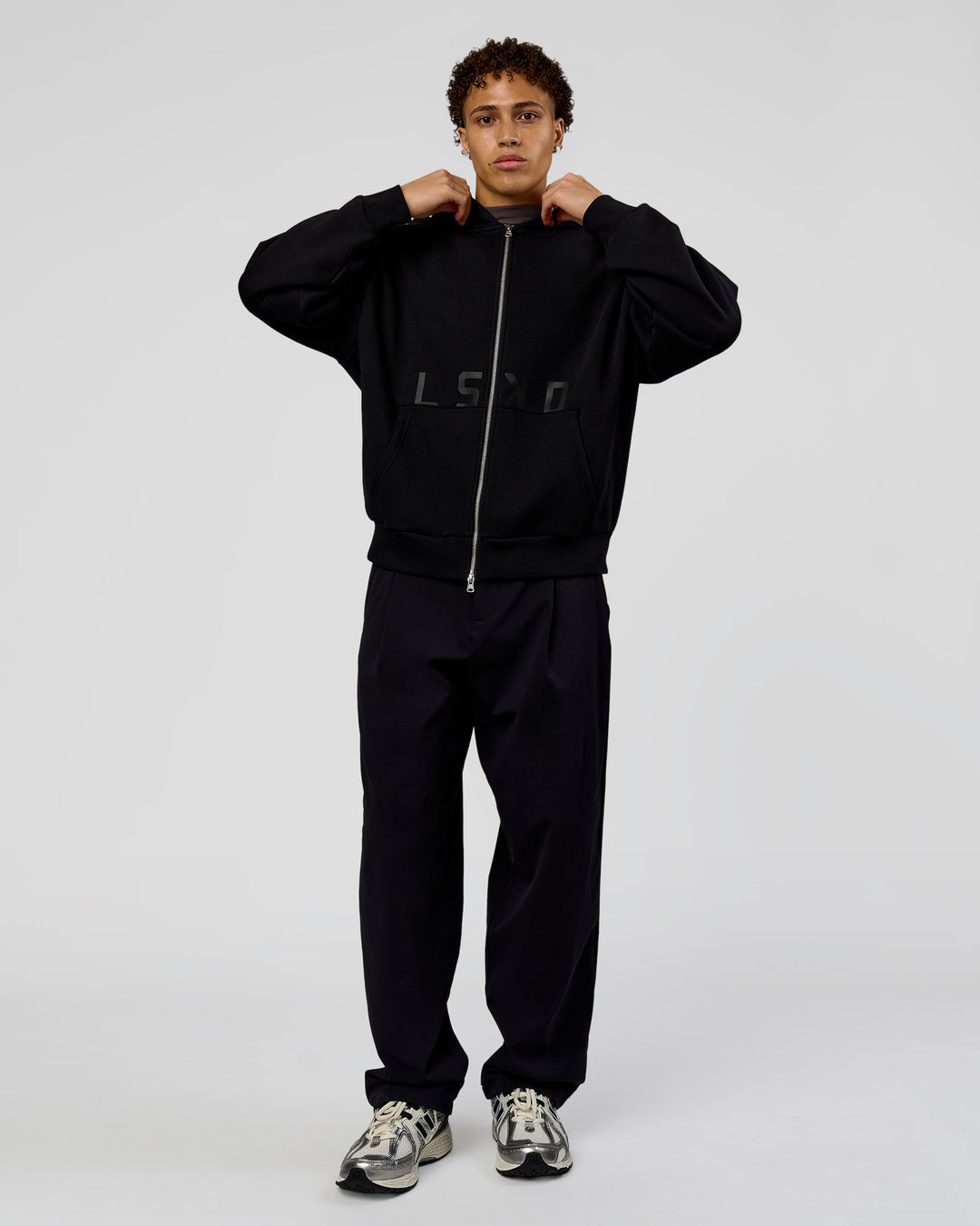 Man wearing Shadow Mode Oversized Zip Through Hoodie - Black | Model:Leandro | Size:M - view 13