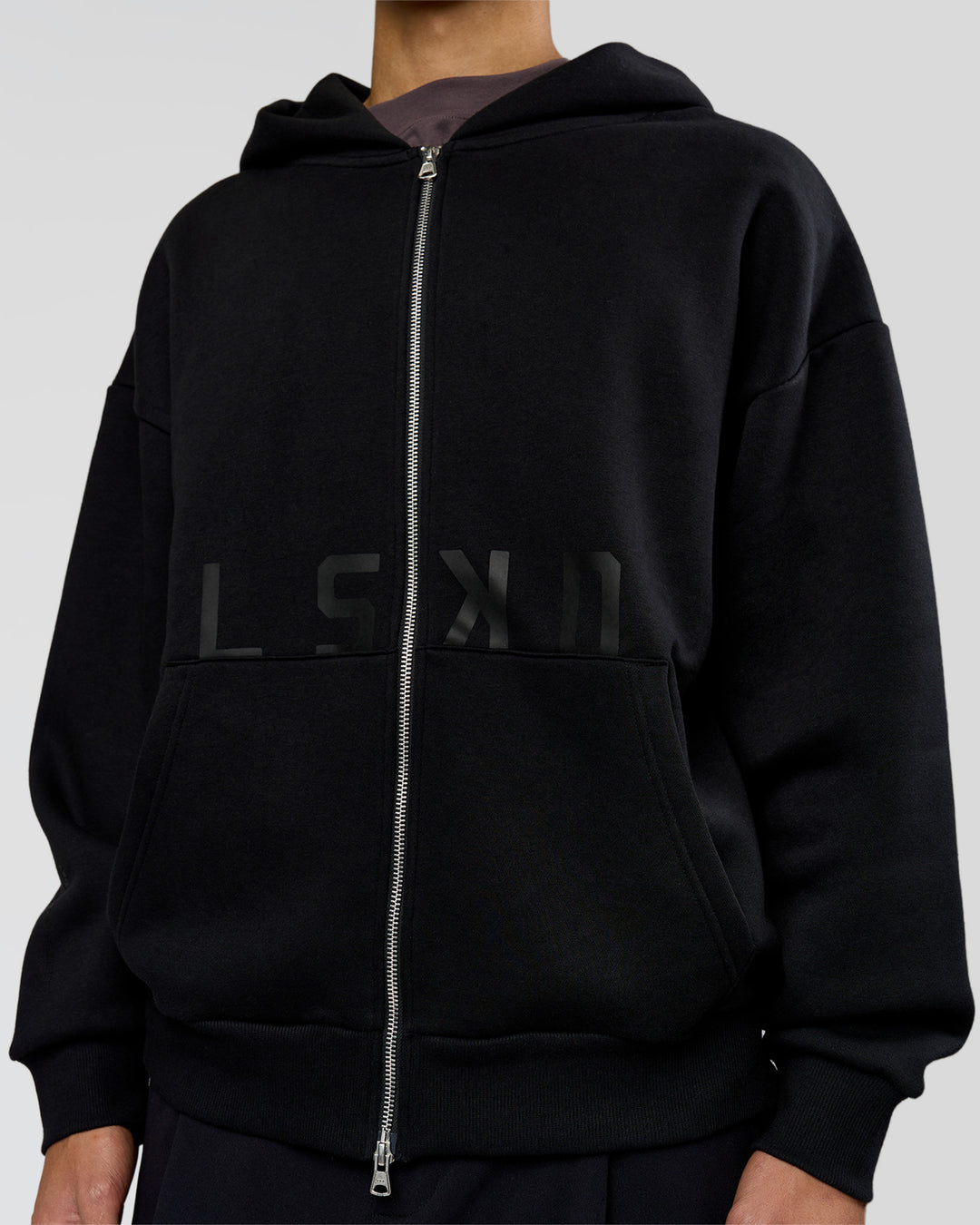 Man wearing Shadow Mode Oversized Zip Through Hoodie - Black | Model:Leandro | Size:M - view 4