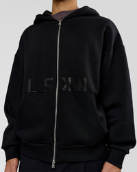 Man wearing Shadow Mode Oversized Zip Through Hoodie - Black | Model:Leandro | Size:M | Thumbnail Index: 3