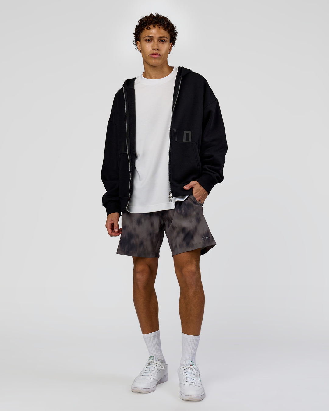 Man wearing Shadow Mode Oversized Zip Through Hoodie - Black | Model:Leandro | Size:M - view 5