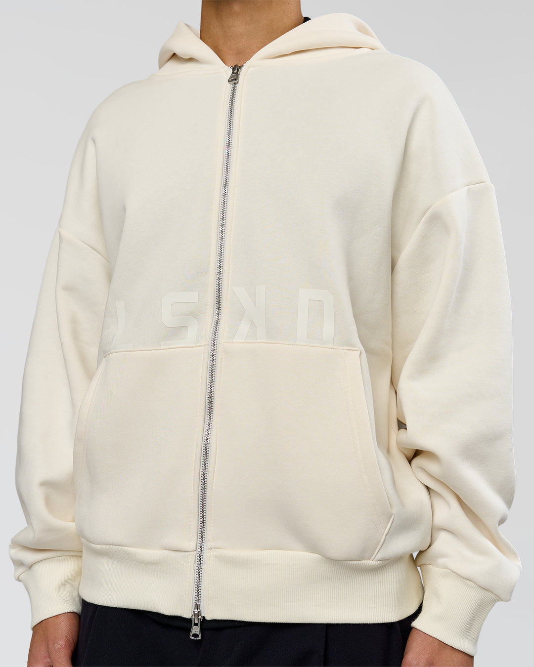 Man wearing Shadow Mode Oversized Zip Through Hoodie - Off White | Model:Leandro | Size:M - view 10