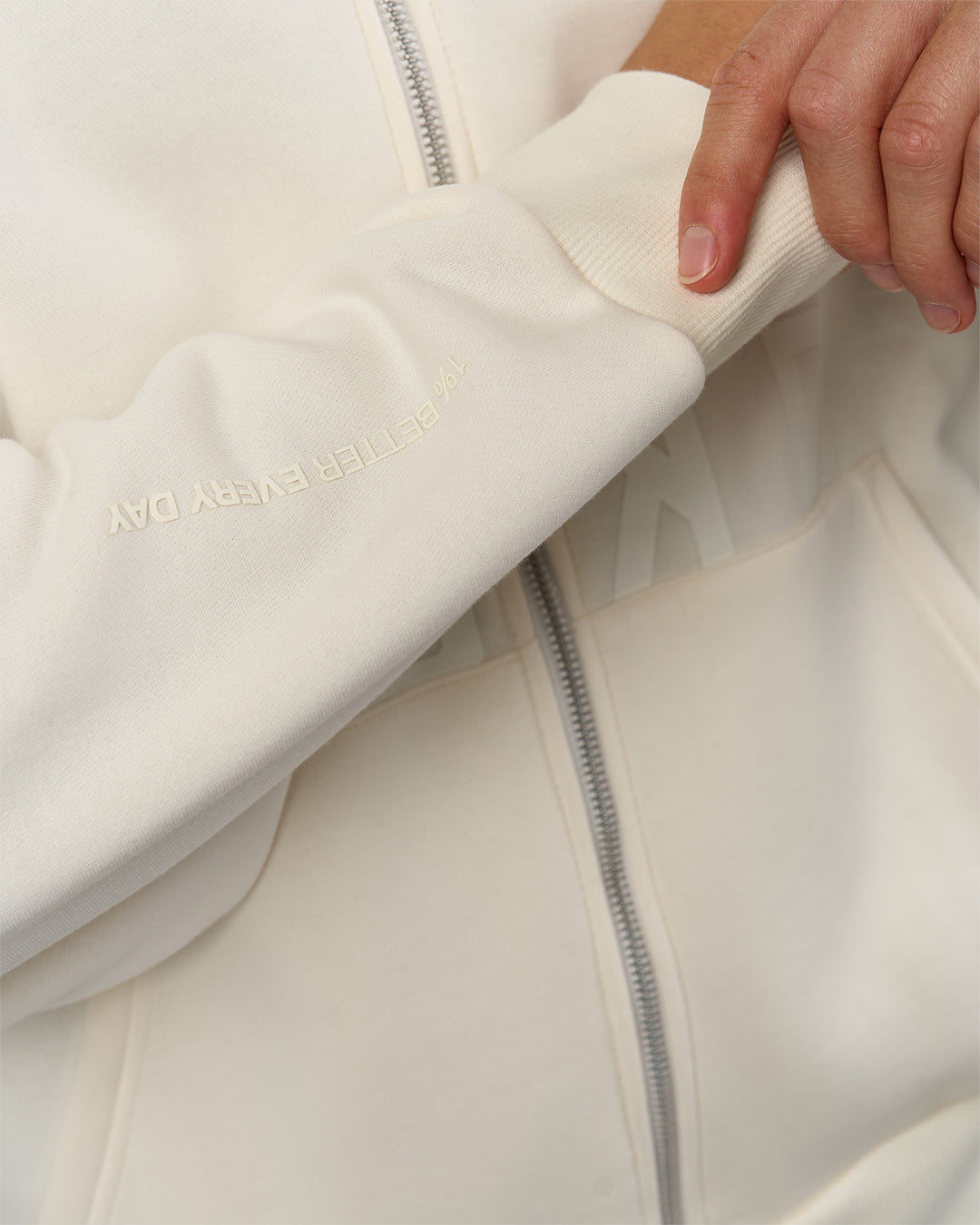 Man wearing Shadow Mode Oversized Zip Through Hoodie - Off White | Model:Leandro | Size:M - view 3