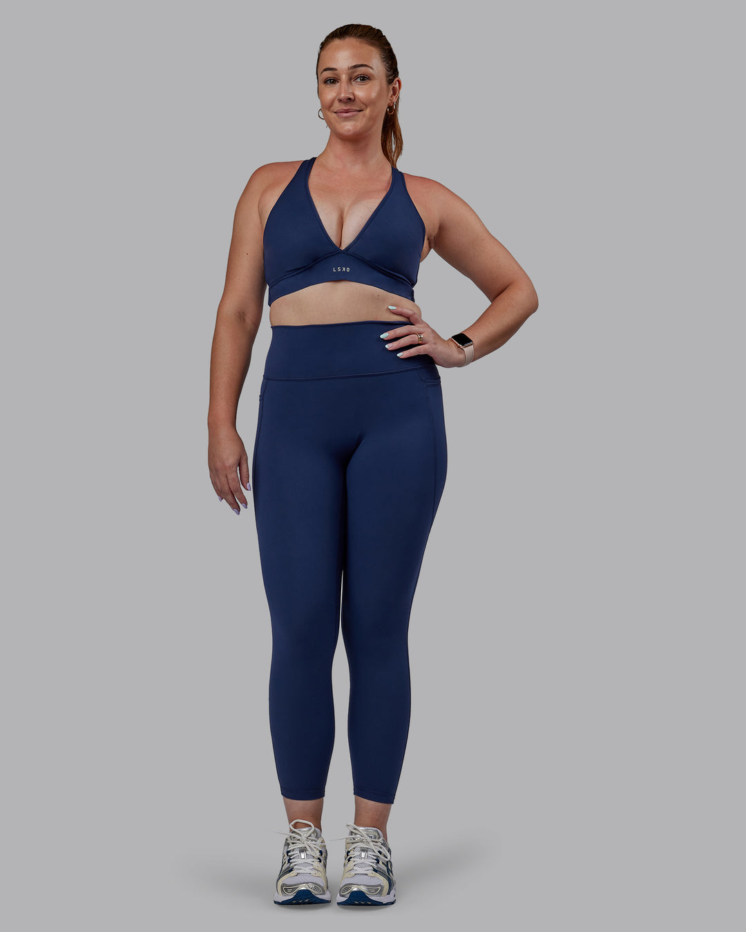 Woman wearing Stamina Sports Bra -(D/DD/E) - Future Navy | Model:Tegan | Size:M - view 6