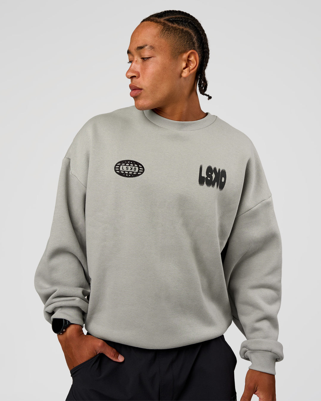 Man wearing Static Grit Boxy Crew - Alloy-Black | Model:Malebo | Size:M - view 2