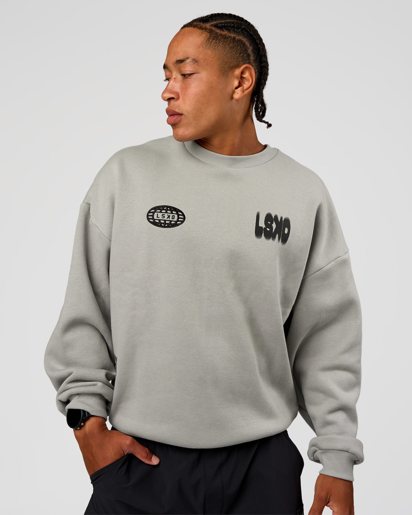 Man wearing Static Grit Boxy Crew - Alloy-Black | Model:Malebo | Size:M