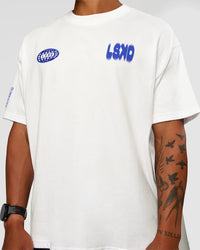 Man wearing Static Grit Heavyweight Oversized Tee - White-Electric Indigo | Model:Malebo | Size:M | Thumbnail Index: 10