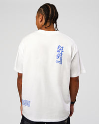 Man wearing Static Grit Heavyweight Oversized Tee - White-Electric Indigo | Model:Malebo | Size:M | Thumbnail Index: 6