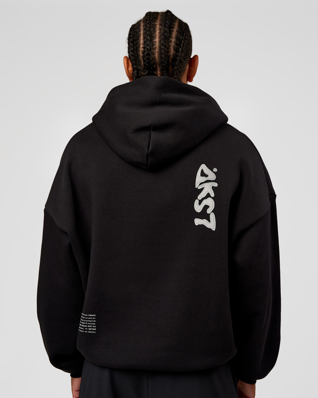 Man wearing Static Grit Unisex Boxy Hoodie - Black-Alloy | Model:Malebo | Size:M - view 10