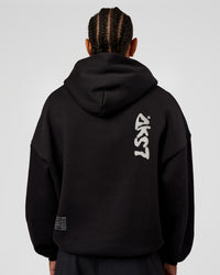 Man wearing Static Grit Unisex Boxy Hoodie - Black-Alloy | Model:Malebo | Size:M | Thumbnail Index: 9