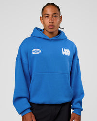 Man wearing Static Grit Unisex Boxy Hoodie - Palace Blue-White | Model:Malebo | Size:M | Thumbnail Index: 2