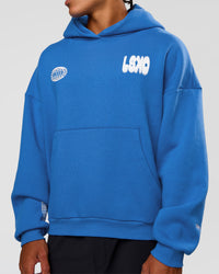 Man wearing Static Grit Unisex Boxy Hoodie - Palace Blue-White | Model:Malebo | Size:M | Thumbnail Index: 8