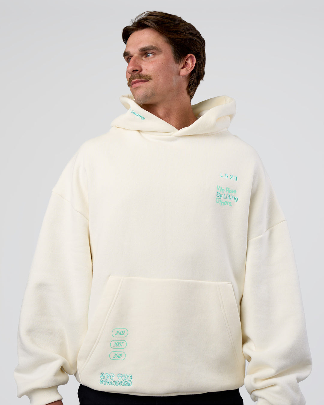Man wearing Sticker Unisex Oversized Hoodie - Off White-Jelly Mint | Model:Konnor | Size:M - view 2