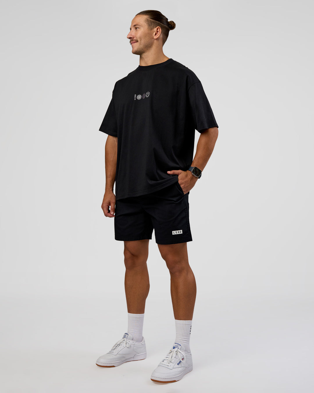 Man wearing Trust The Process Heavyweight Unisex Oversized Tee - Black-White | Model:Jaiden | Size:M - view 6
