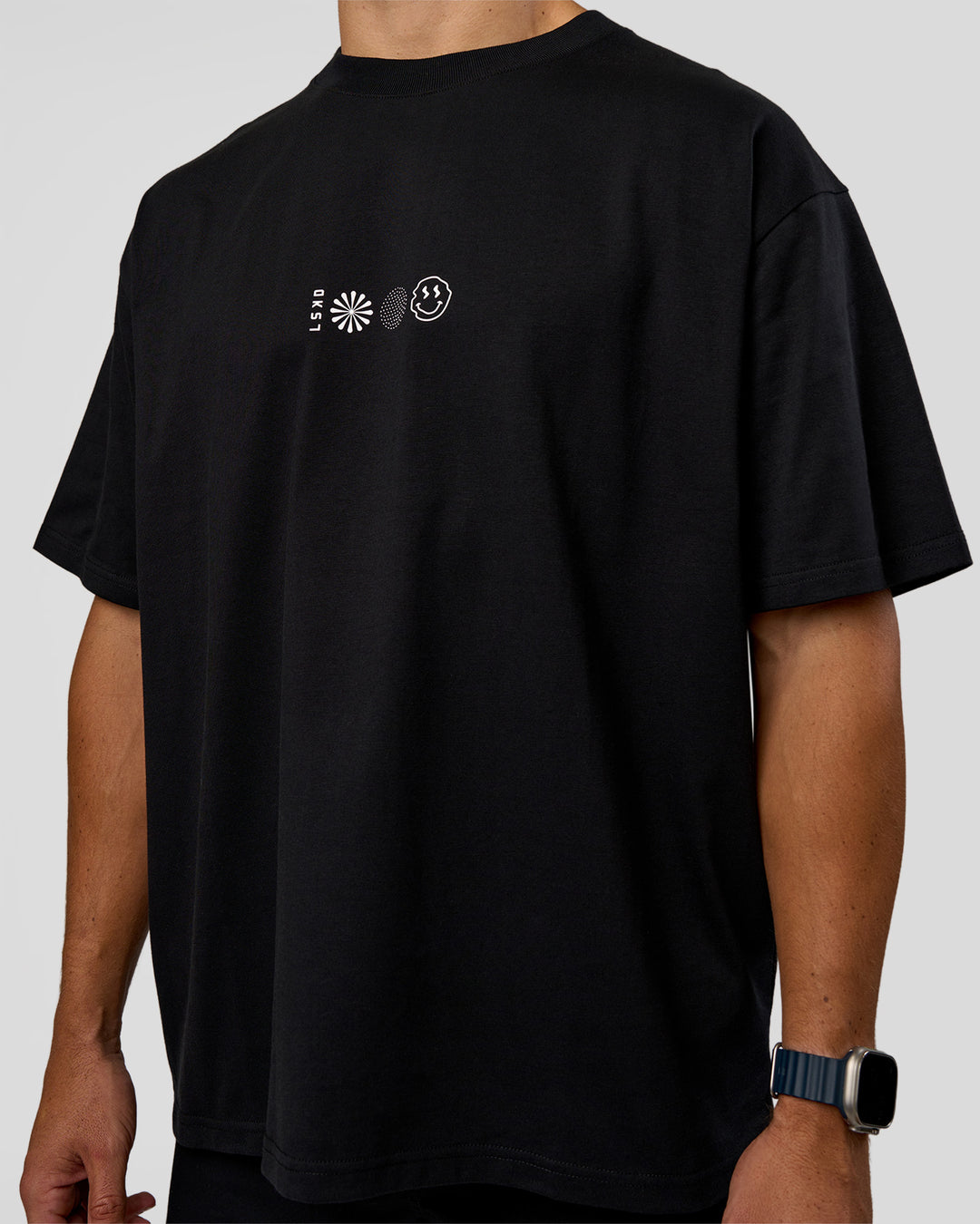 Man wearing Trust The Process Heavyweight Unisex Oversized Tee - Black-White | Model:Jaiden | Size:M - view 8