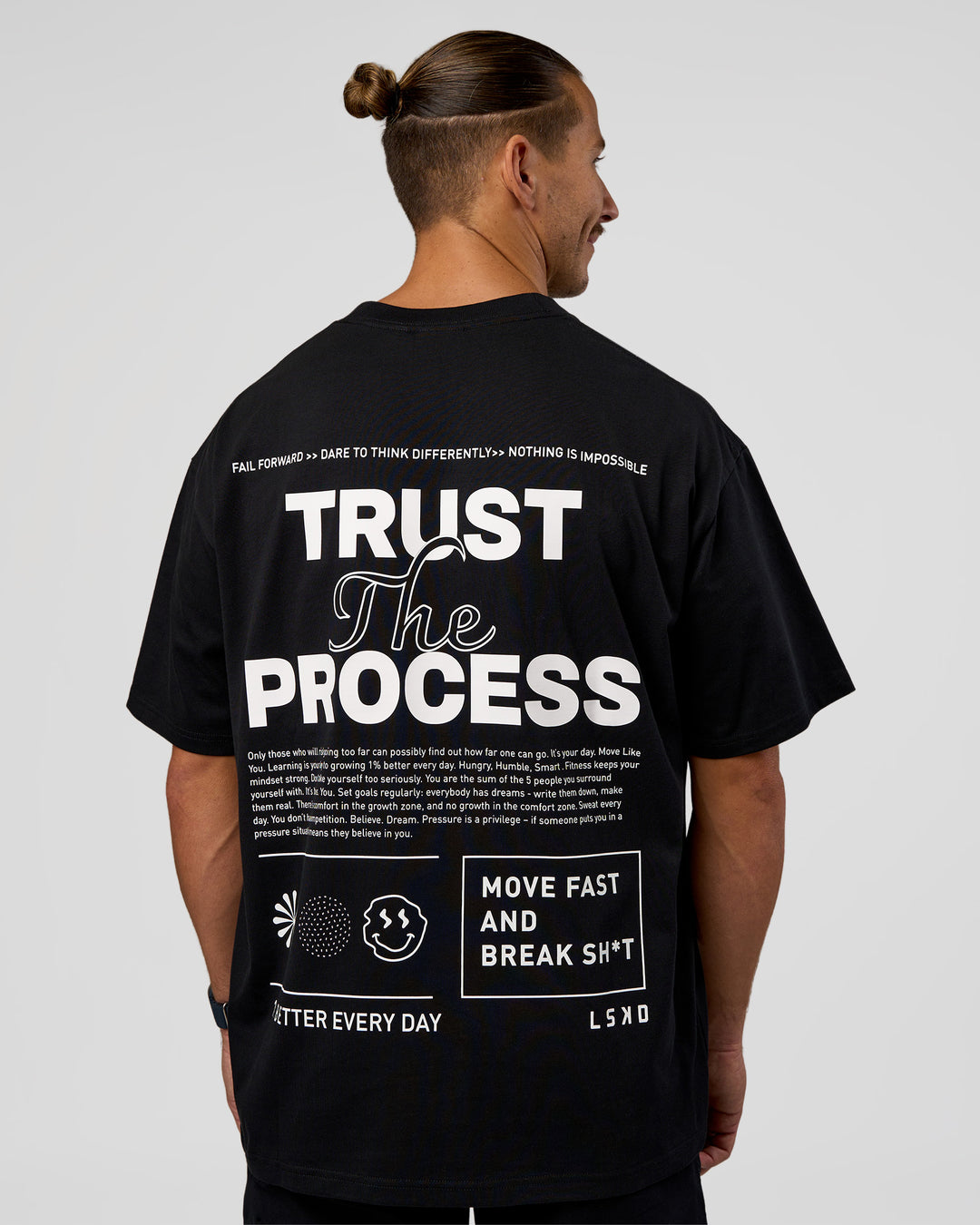 Man wearing Trust The Process Heavyweight Unisex Oversized Tee - Black-White | Model:Jaiden | Size:M - view 2