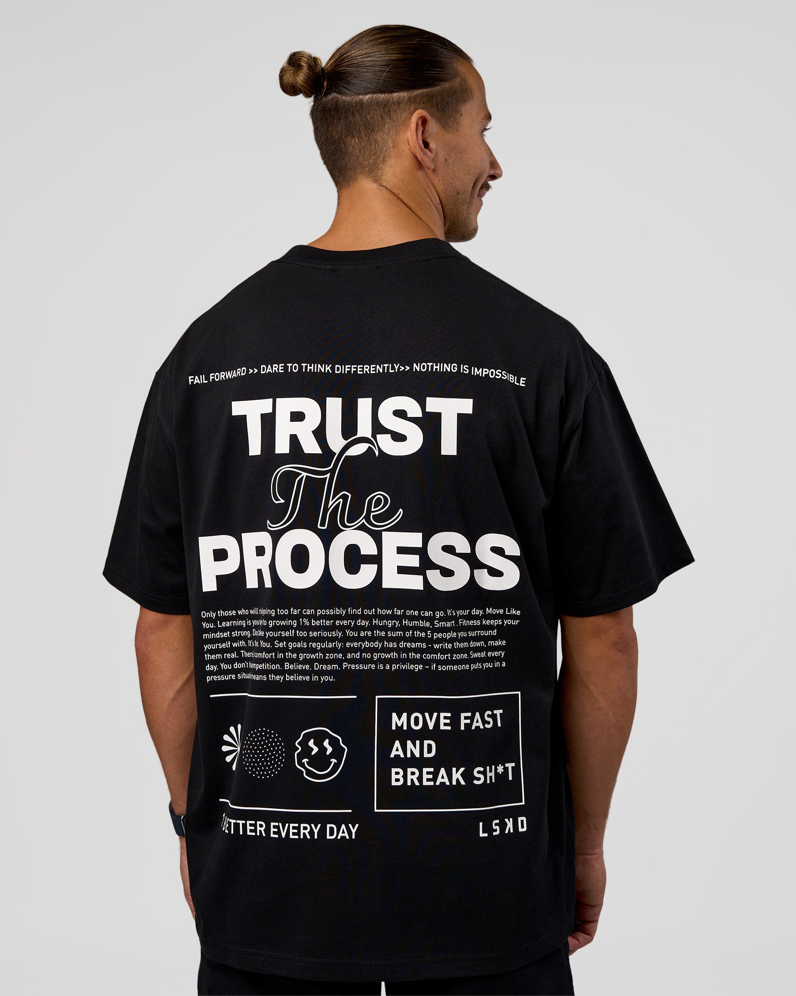 Man wearing Trust The Process Heavyweight Unisex Oversized Tee - Black-White | Model:Jaiden | Size:M
