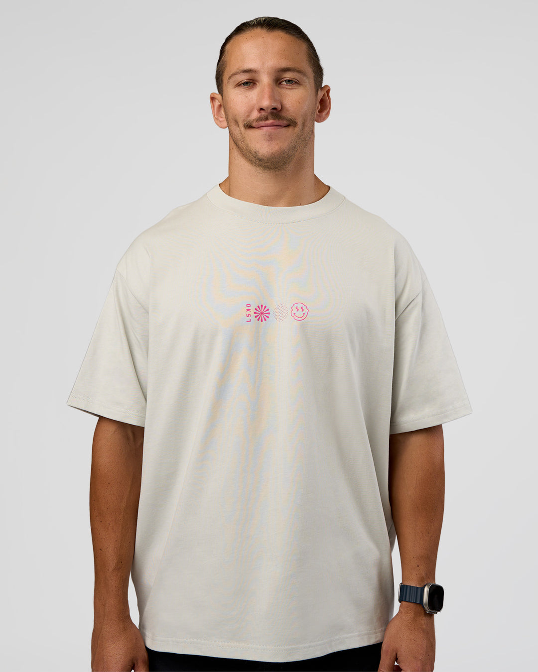 Man wearing Trust The Process Heavyweight Unisex Oversized Tee - Digital Mist-Ultra Pink | Model:Jaiden | Size:M - view 3