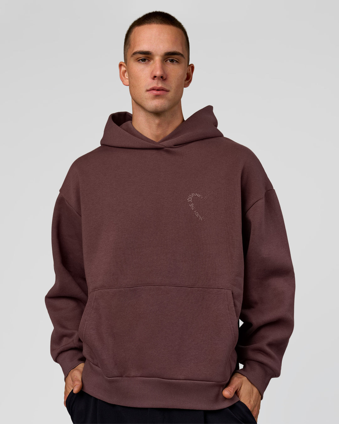 Man wearing Unisex Love The Process Oversize Hoodie - Cocoa Powder-Hot Chocolate | Model:Albert | Size:M - view 2