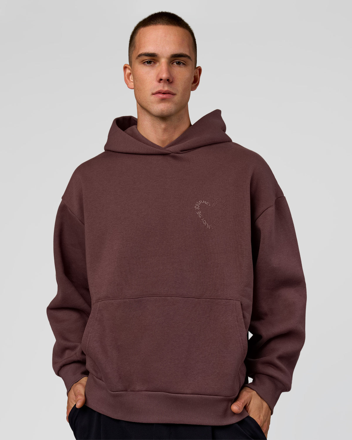 Man wearing Unisex Love The Process Oversize Hoodie - Cocoa Powder-Hot Chocolate | Model:Albert | Size:M