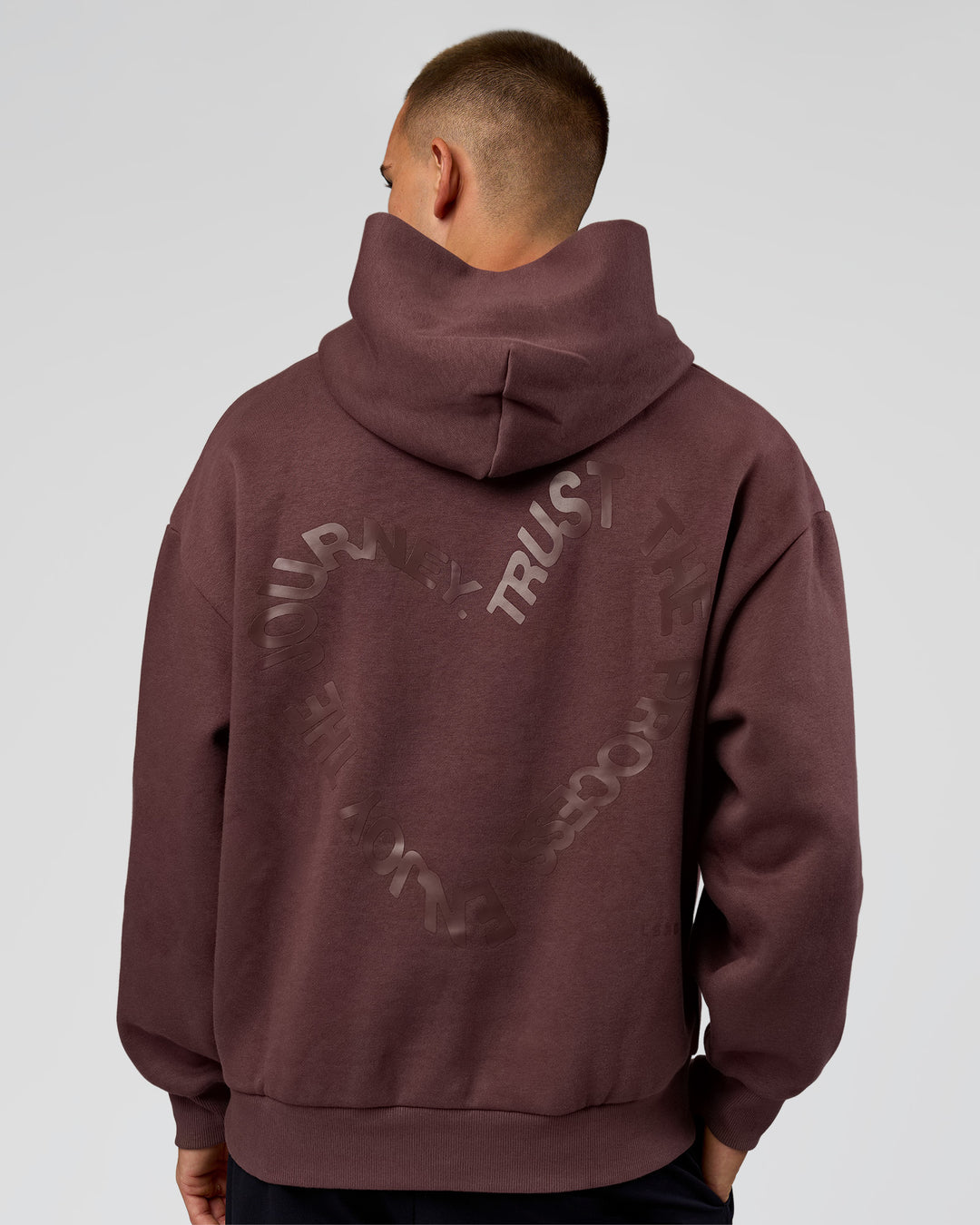 Man wearing Unisex Love The Process Oversize Hoodie - Cocoa Powder-Hot Chocolate | Model:Albert | Size:M - view 3