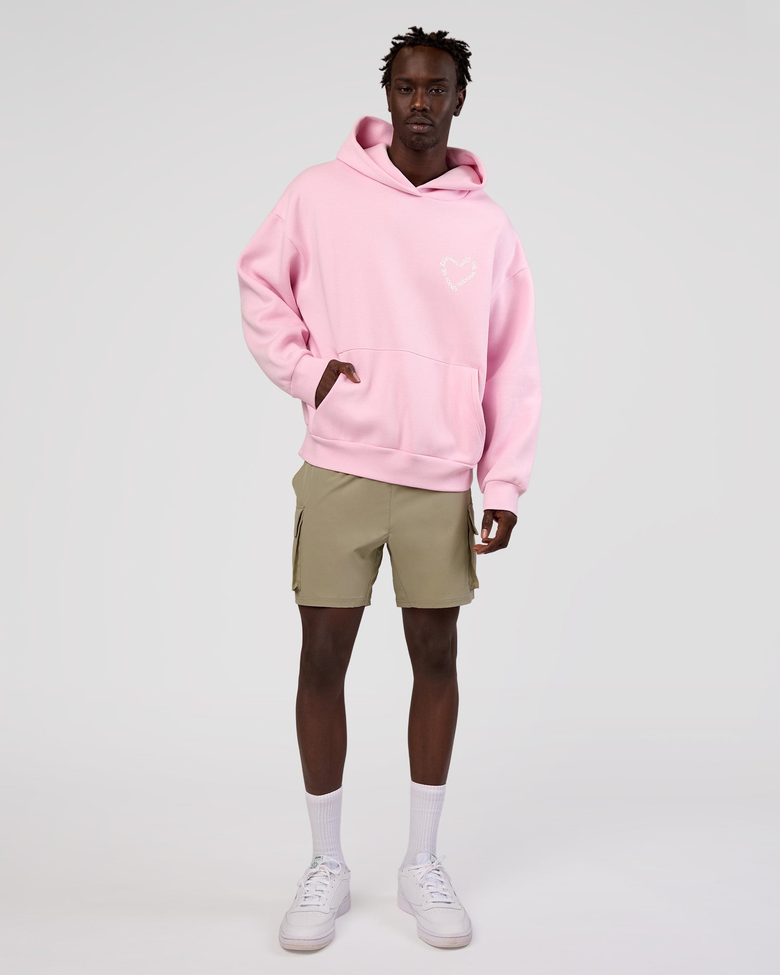 Man wearing Unisex Love The Process Oversize Hoodie - Marshmallow-White | Model:Okello | Size:M