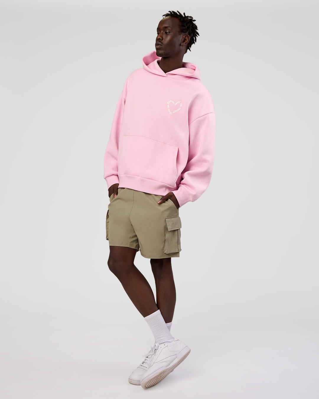 Man wearing Unisex Love The Process Oversize Hoodie - Marshmallow-White | Model:Okello | Size:M - view 3